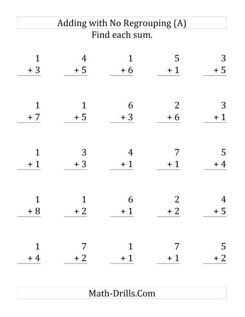 The 25 Single-Digit Addition Questions with No Regrouping (Old) Math Worksheet