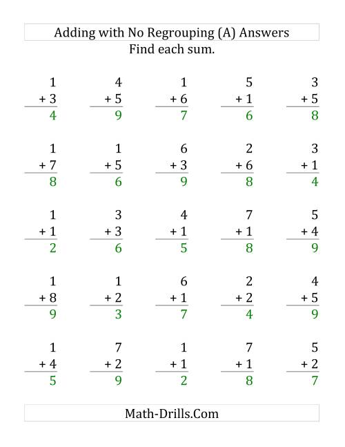 The 25 Single-Digit Addition Questions with No Regrouping (Old) Math Worksheet Page 2