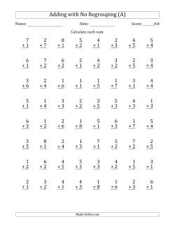 64 Single-Digit Addition Questions with No Regrouping