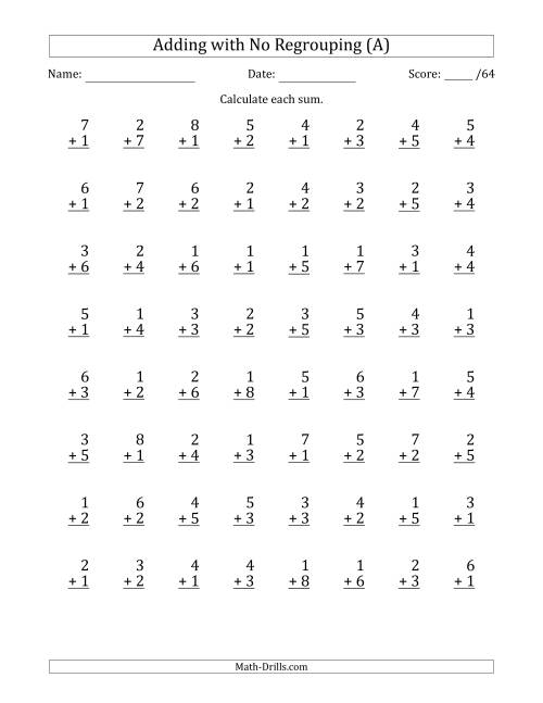 The 64 Single-Digit Addition Questions with No Regrouping (A) Math Worksheet