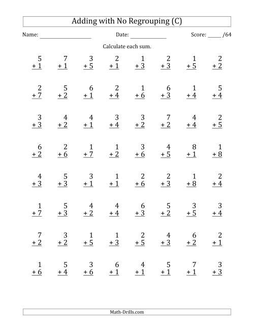 The 64 Single-Digit Addition Questions with No Regrouping (C) Math Worksheet