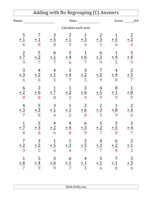 The 64 Single-Digit Addition Questions with No Regrouping (C) Math Worksheet Page 2