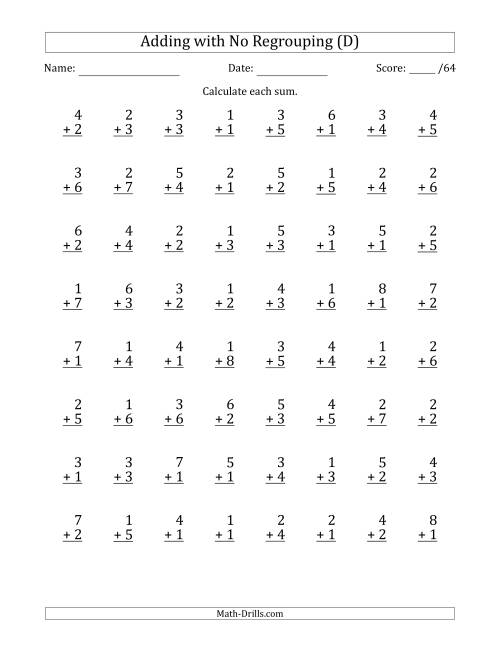 The 64 Single-Digit Addition Questions with No Regrouping (D) Math Worksheet