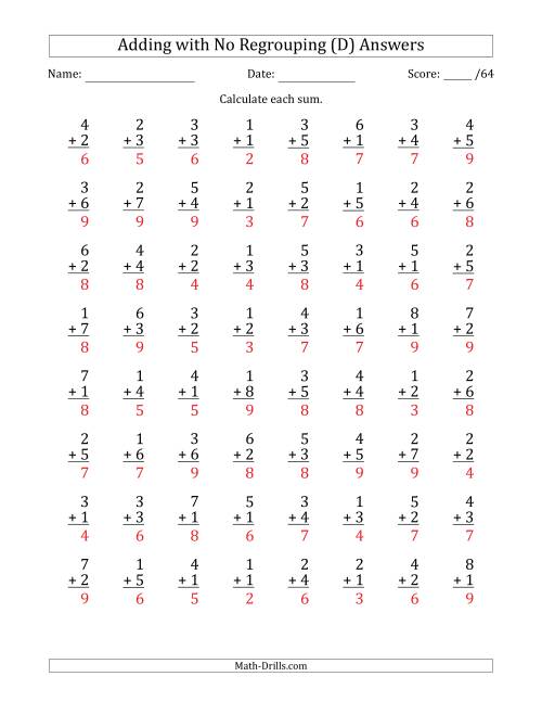 The 64 Single-Digit Addition Questions with No Regrouping (D) Math Worksheet Page 2