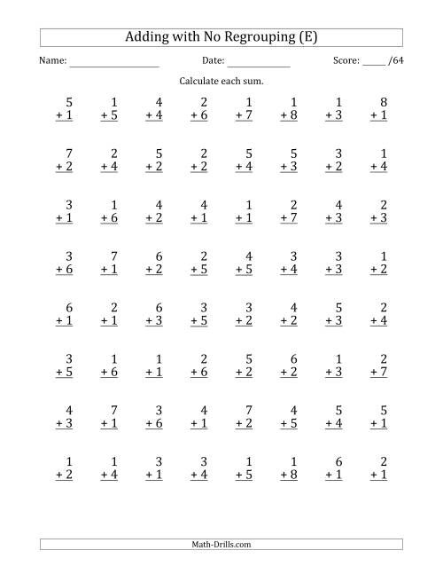 The 64 Single-Digit Addition Questions with No Regrouping (E) Math Worksheet