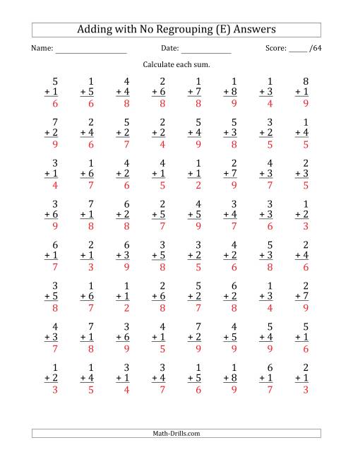 The 64 Single-Digit Addition Questions with No Regrouping (E) Math Worksheet Page 2