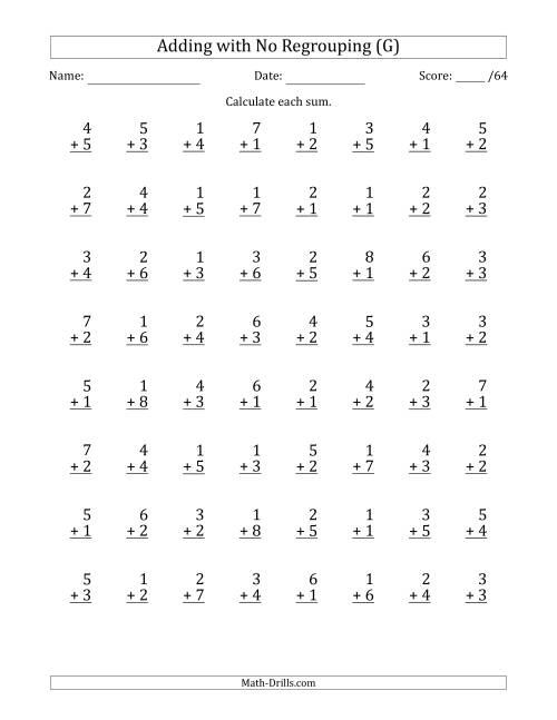 The 64 Single-Digit Addition Questions with No Regrouping (G) Math Worksheet