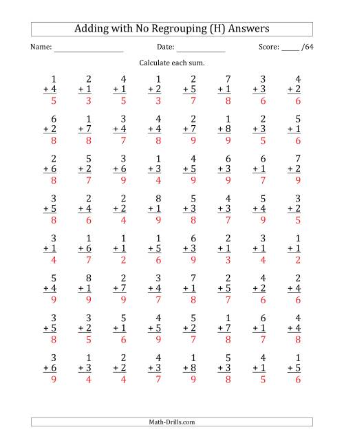 The 64 Single-Digit Addition Questions with No Regrouping (H) Math Worksheet Page 2