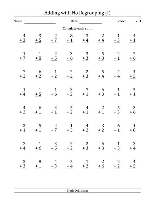 The 64 Single-Digit Addition Questions with No Regrouping (I) Math Worksheet