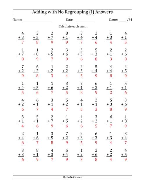 The 64 Single-Digit Addition Questions with No Regrouping (I) Math Worksheet Page 2