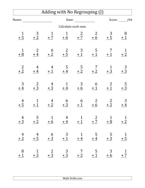 The 64 Single-Digit Addition Questions with No Regrouping (J) Math Worksheet