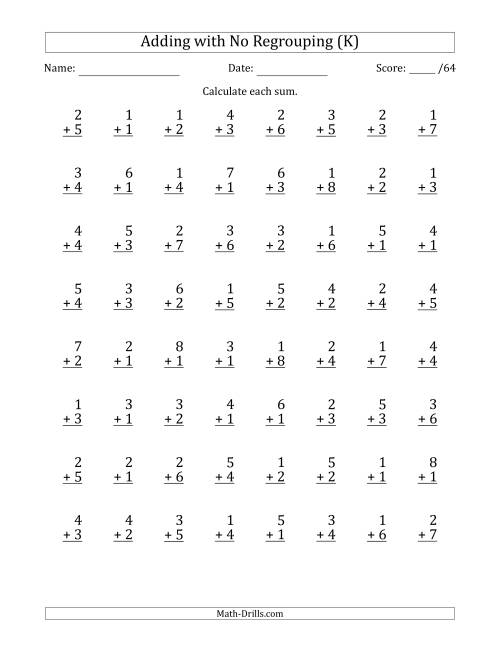 The 64 Single-Digit Addition Questions with No Regrouping (K) Math Worksheet