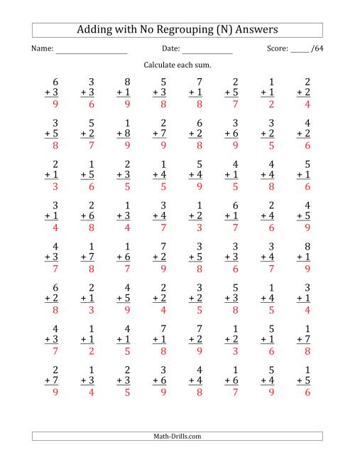 The 64 Single-Digit Addition Questions with No Regrouping (N) Math Worksheet Page 2