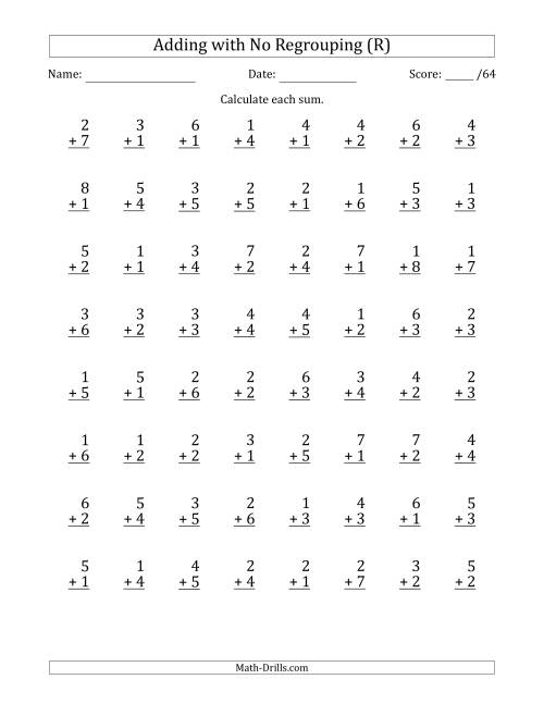 The 64 Single-Digit Addition Questions with No Regrouping (R) Math Worksheet