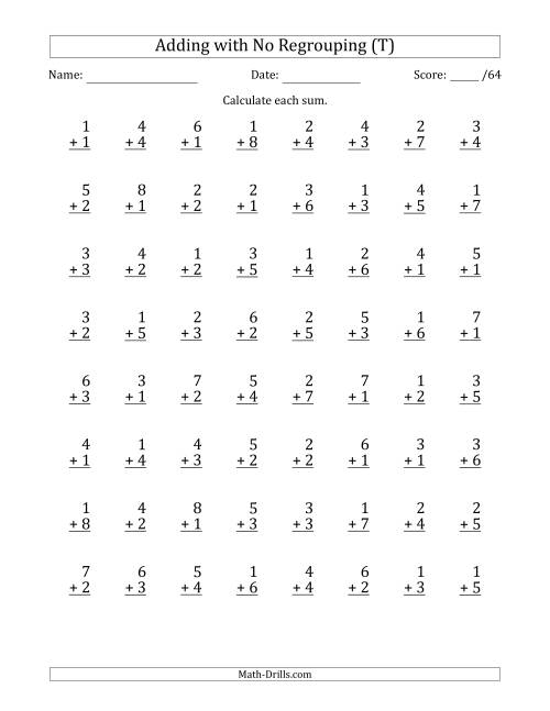 The 64 Single-Digit Addition Questions with No Regrouping (T) Math Worksheet