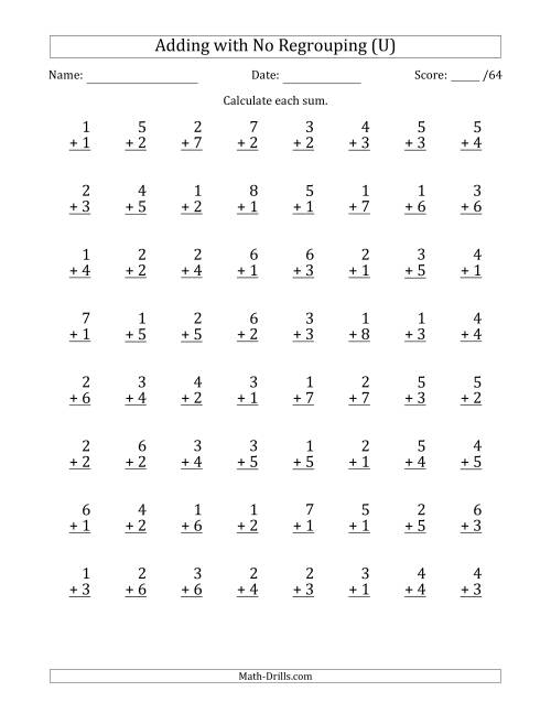 The 64 Single-Digit Addition Questions with No Regrouping (U) Math Worksheet