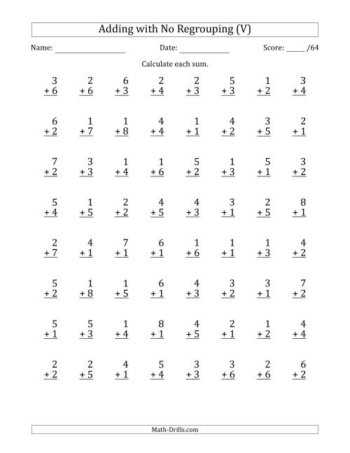 The 64 Single-Digit Addition Questions with No Regrouping (V) Math Worksheet