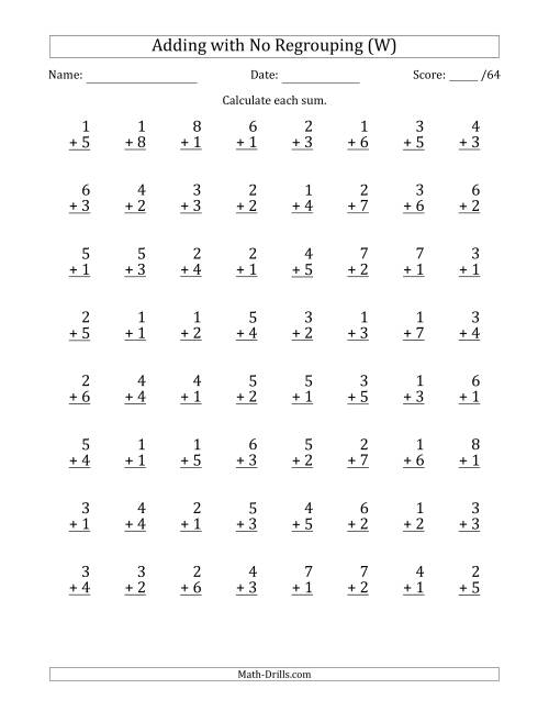 The 64 Single-Digit Addition Questions with No Regrouping (W) Math Worksheet