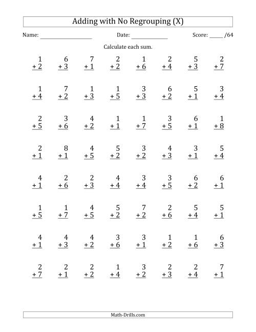 The 64 Single-Digit Addition Questions with No Regrouping (X) Math Worksheet