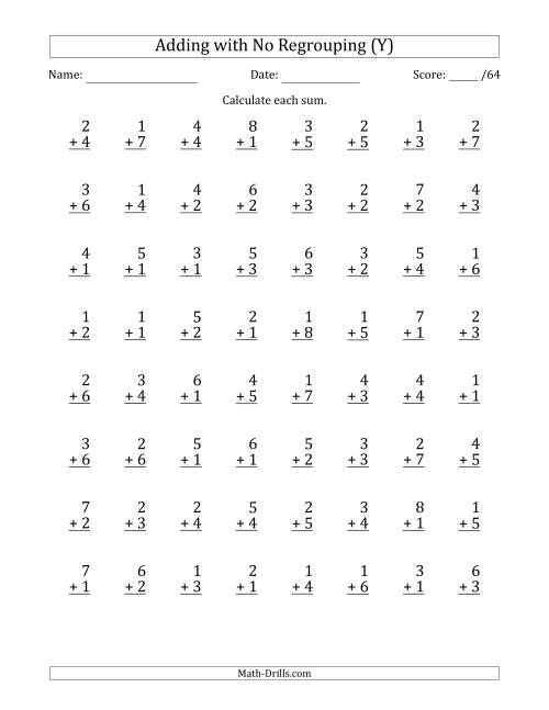 The 64 Single-Digit Addition Questions with No Regrouping (Y) Math Worksheet