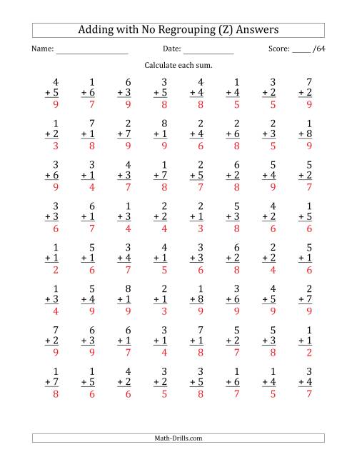 The 64 Single-Digit Addition Questions with No Regrouping (Z) Math Worksheet Page 2