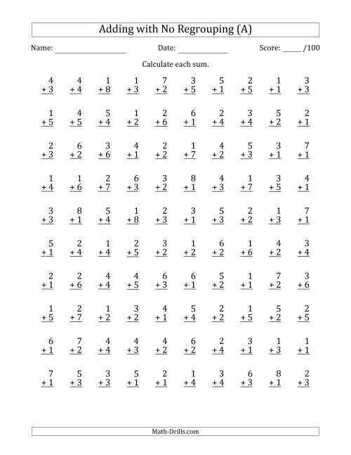 The 100 Single-Digit Addition Questions with No Regrouping (A) Math Worksheet