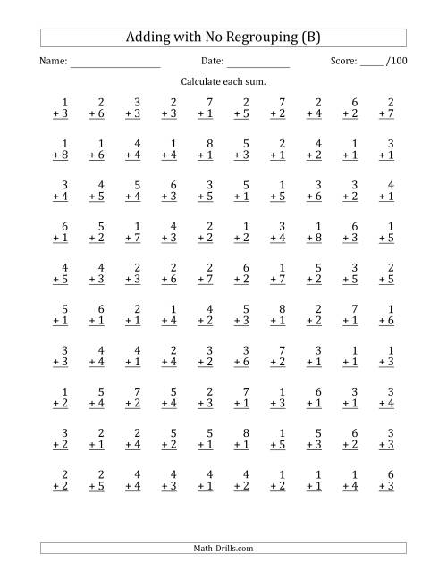 The 100 Single-Digit Addition Questions with No Regrouping (B) Math Worksheet