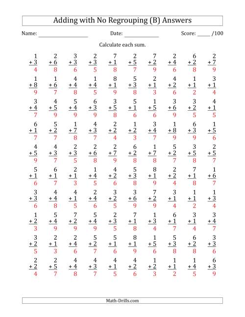 The 100 Single-Digit Addition Questions with No Regrouping (B) Math Worksheet Page 2