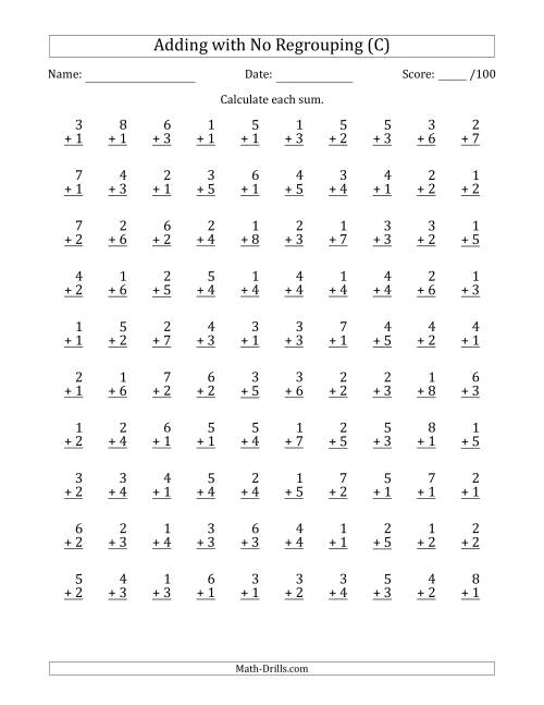 The 100 Single-Digit Addition Questions with No Regrouping (C) Math Worksheet