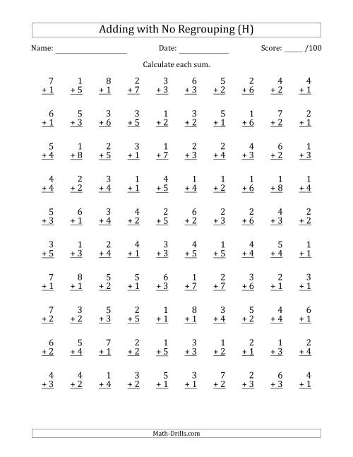 The 100 Single-Digit Addition Questions with No Regrouping (H) Math Worksheet