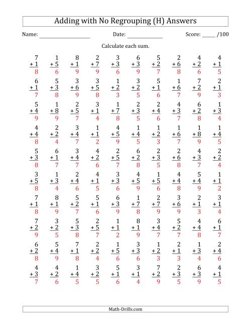 The 100 Single-Digit Addition Questions with No Regrouping (H) Math Worksheet Page 2