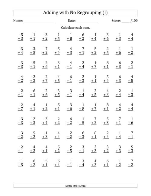 The 100 Single-Digit Addition Questions with No Regrouping (I) Math Worksheet