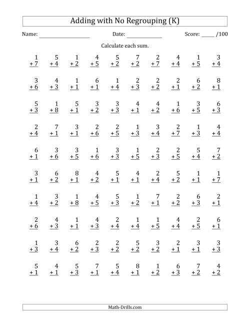 The 100 Single-Digit Addition Questions with No Regrouping (K) Math Worksheet