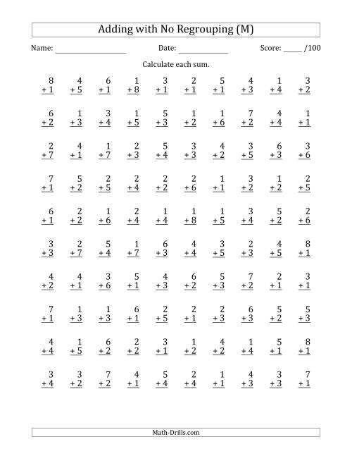 The 100 Single-Digit Addition Questions with No Regrouping (M) Math Worksheet