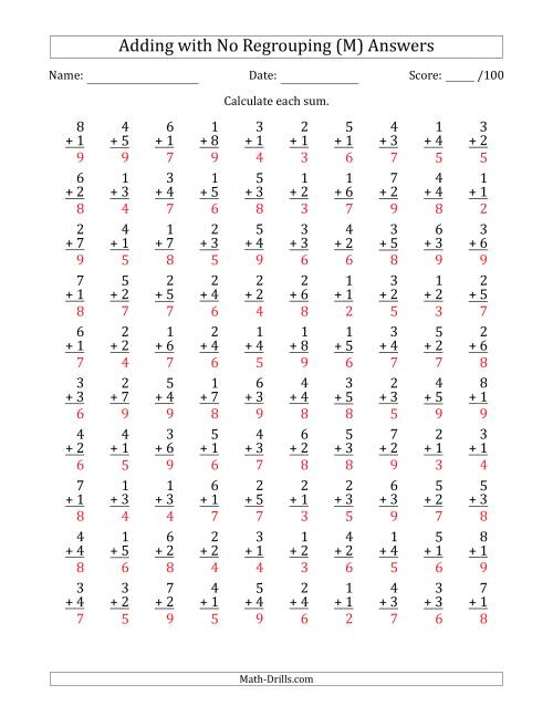 The 100 Single-Digit Addition Questions with No Regrouping (M) Math Worksheet Page 2