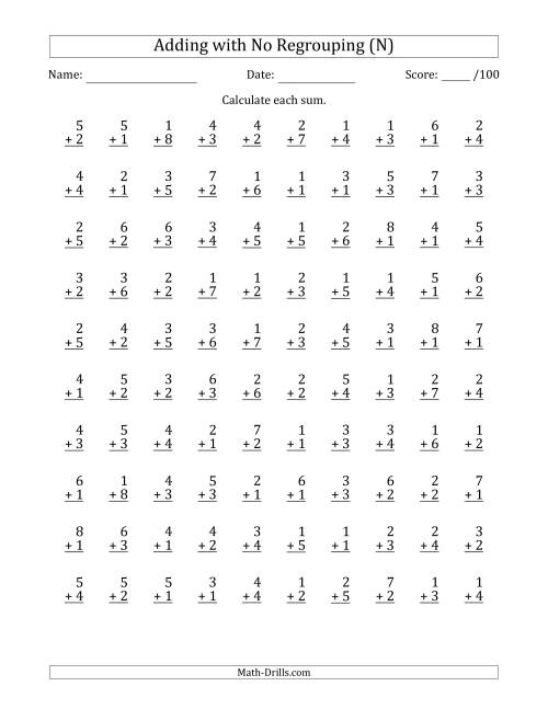 The 100 Single-Digit Addition Questions with No Regrouping (N) Math Worksheet