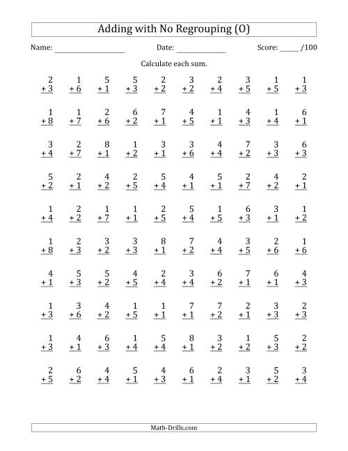 The 100 Single-Digit Addition Questions with No Regrouping (O) Math Worksheet