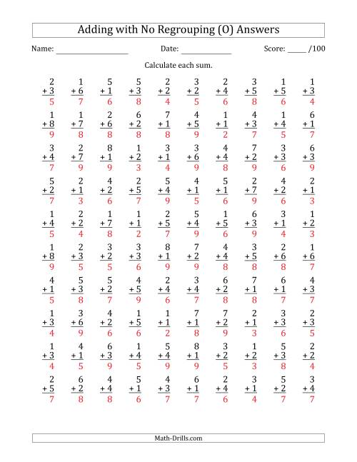 The 100 Single-Digit Addition Questions with No Regrouping (O) Math Worksheet Page 2