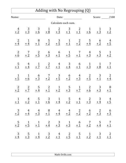 The 100 Single-Digit Addition Questions with No Regrouping (Q) Math Worksheet