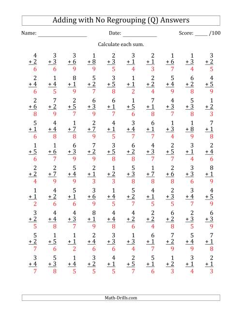The 100 Single-Digit Addition Questions with No Regrouping (Q) Math Worksheet Page 2