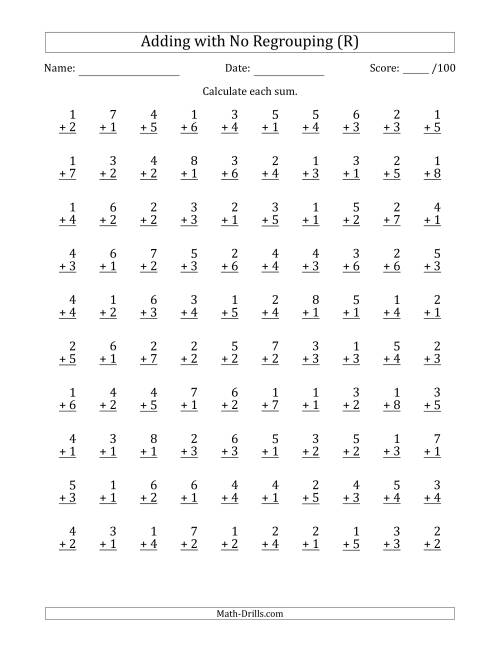 The 100 Single-Digit Addition Questions with No Regrouping (R) Math Worksheet