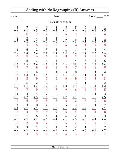 The 100 Single-Digit Addition Questions with No Regrouping (R) Math Worksheet Page 2