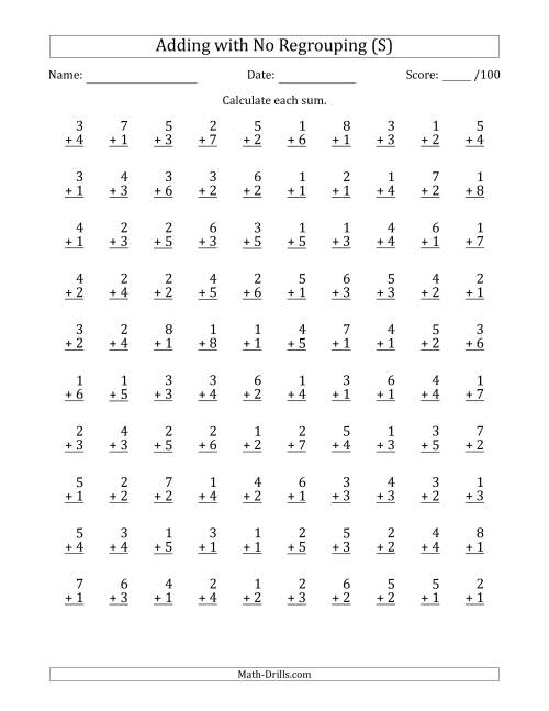 The 100 Single-Digit Addition Questions with No Regrouping (S) Math Worksheet