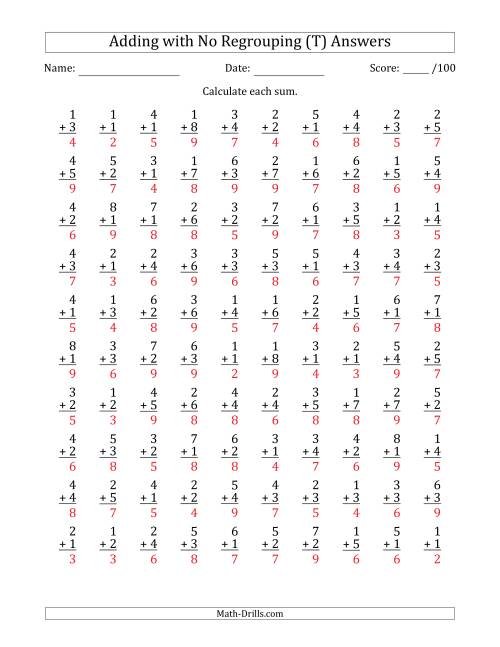 The 100 Single-Digit Addition Questions with No Regrouping (T) Math Worksheet Page 2