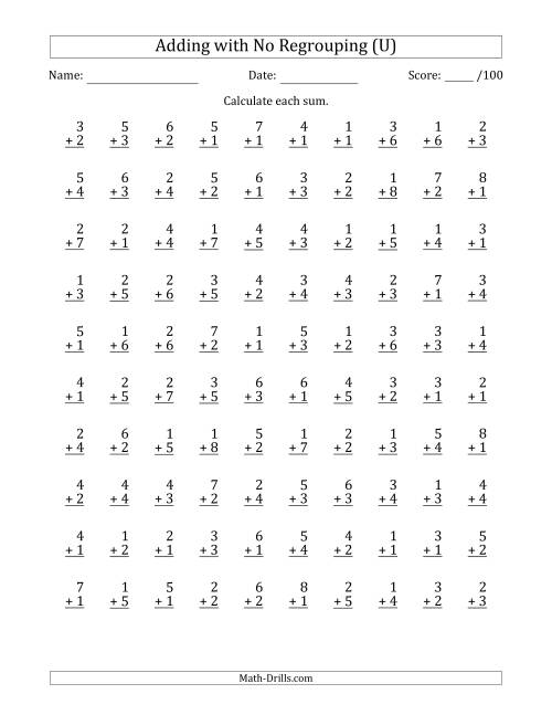 The 100 Single-Digit Addition Questions with No Regrouping (U) Math Worksheet