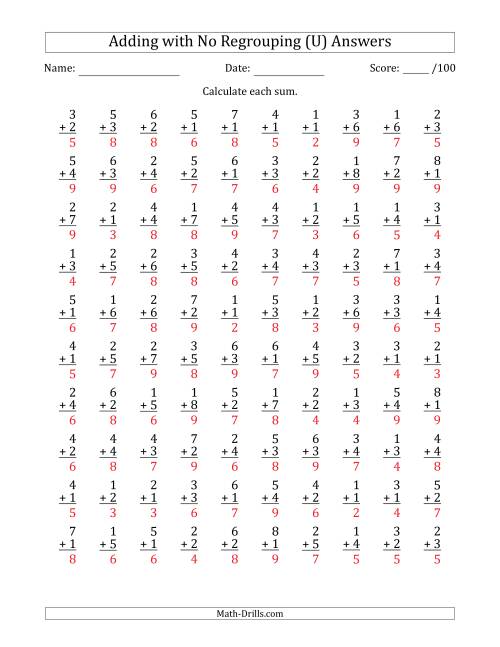 The 100 Single-Digit Addition Questions with No Regrouping (U) Math Worksheet Page 2