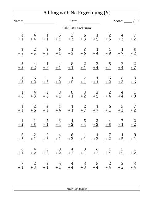 The 100 Single-Digit Addition Questions with No Regrouping (V) Math Worksheet