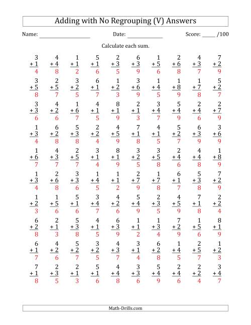 The 100 Single-Digit Addition Questions with No Regrouping (V) Math Worksheet Page 2