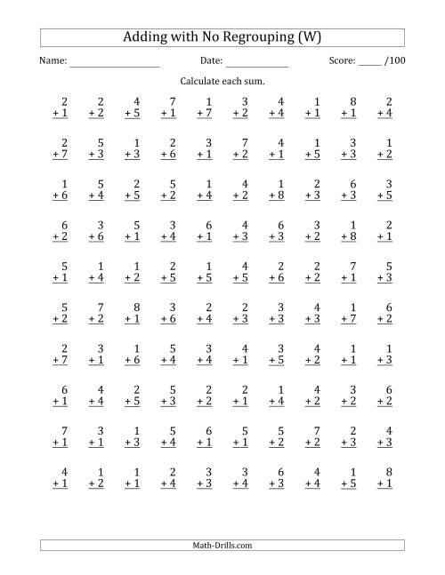 The 100 Single-Digit Addition Questions with No Regrouping (W) Math Worksheet