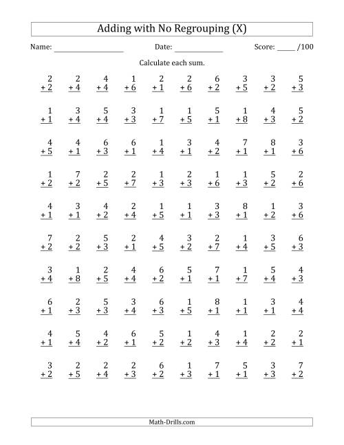 The 100 Single-Digit Addition Questions with No Regrouping (X) Math Worksheet